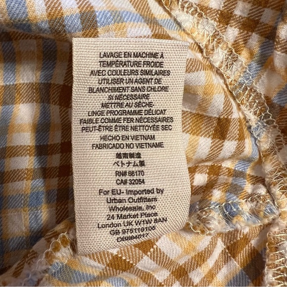 Free People Tan/Blue Plaid Back Button Up Puff Sleeve Blouse Sz S - Picture 9 of 15